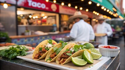 Authentic Mexican Street Tacos with Lime and Salsa at Food Stall with Chefs in Hats at Outdoor Market or Festival