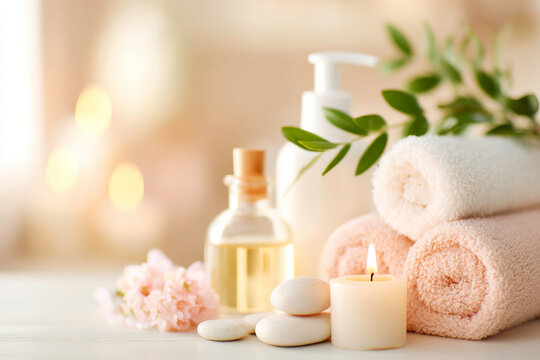 Ambient spa atmosphere with skincare essentials and soft lighting