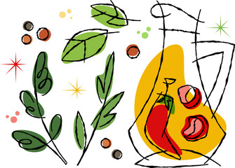 Live line art of a chili pepper, seasonings, and herbs with the bottle of veggie oil on a transparent background in a 50s retro style illustration. Palette of bright reds, greens, yellows tones