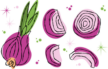 Organic purple onion with green leaves and sliced pieces. Abstract flat vector art for healthy food concept on transparent background.