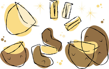Set of playful retro style potato illustrations on transparent background. Sliced and peeled vegetable design element for art. The 50s retro style elements, with a palette of soft browns and creams