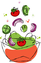 Abstract illustration of fresh vegetables falling into a bowl on transparent background. Healthy food concept for restaurant menu design. Decor includes vibrant outlines and whimsical shapes
