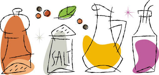 Abstract kitchen spices and cooking oil bottles with a salt shaker on transparent background. Food preparation and seasoning concept illustration.