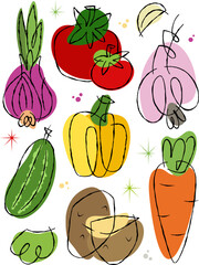 Fresh vegetable collection in abstract line art doodle style on transparent background. Healthy food mix for organic lifestyle.