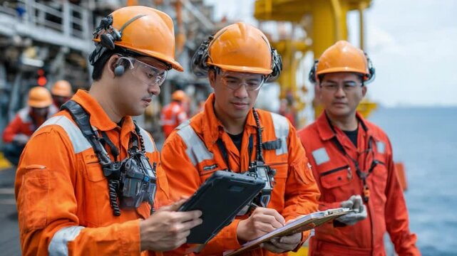 Offshore Oil Rig Workers:Three oil rig workers in bright orange safety suits and hard hats meticulously review documents and a digital tablet against the backdrop of an offshore oil rig.  