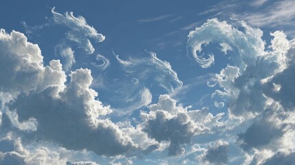 Serene sky with swirling clouds against a bright blue background.