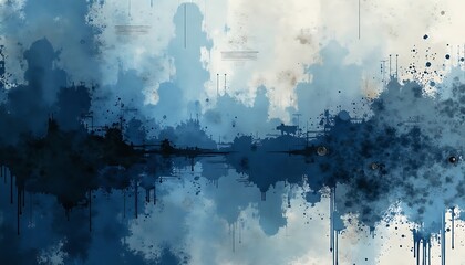 Fototapeta premium Abstract Blue Ink Painting Reflecting Urban Skyline Artistically Created