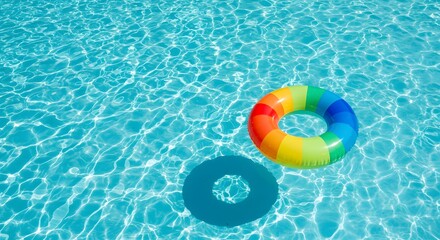 Rainbow swim ring floating in tropical pool