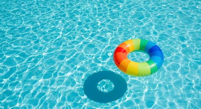 Rainbow swim ring floating in tropical pool
