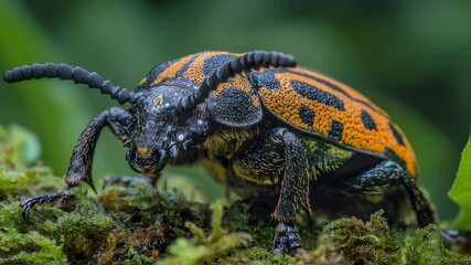 Detailed macro capture of a striking orange and black striped beetle on moss - Powered by Adobe