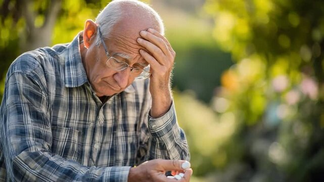   Senior Contemplation: A thoughtful senior, bathed in soft sunlight, sits with head in hand in a tranquil garden setting, encapsulating the poignancy of reflection and life's journey.