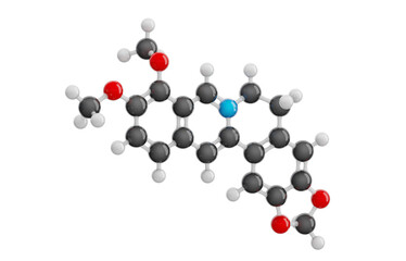 Berberine molecule isolated on transparent background. Detailed 3D model of quaternary ammonium salt. Molecular formula: C20H18NO4. Chemical model: Ball and Stick. 3D illustration.