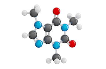 Caffeine molecule isolated on transparent background. Detailed 3D model of natural stimulant. Molecular formula: C10H14N2. Chemical model: Ball and Stick. 3D illustration.