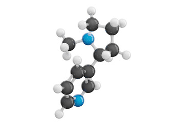 Nicotine molecule isolated on transparent background. Detailed 3D model of a potent alkaloid. Molecular formula: C10H14N2. Chemical model: Ball and Stick. 3D illustration.