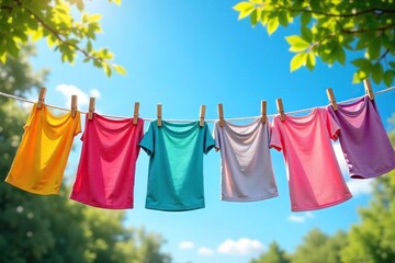 Freshly laundered clothes drying on a clothesline outdoors on a bright sunny day, vibrant colors and a blue sky , outdoor drying, nature