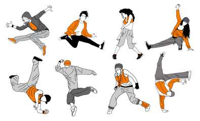 Set of teenager dancers hip hop, breakdance outline vector drawing isolated on transparen background. Young cool girl and boy dancing street dance colored sketch. Korean japanese asian thin line style