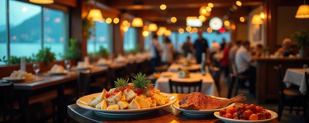 A bustling seafood restaurant, tables filled with fresh catches, plates piled high with delicious food, warm lighting creating a cozy atmosphere , ambiance, table, glass