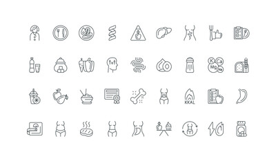 Vitamins and nutrients, overweight and slim woman body thin black symbols vector illustration. Healthy nutrition, balance of fats, proteins and carbohydrates in food, weight loss line icon set.