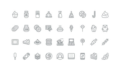 Candy and cake, cheesecake and croissant, tiramisu thin black symbols vector illustration. Sweet food products of confectionery, dessert in bakery menu and pastry shop snack line icon set.