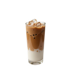 Iced coffee with milk and tapioca pearls in a tall glass, cold beverage, refreshing drink.