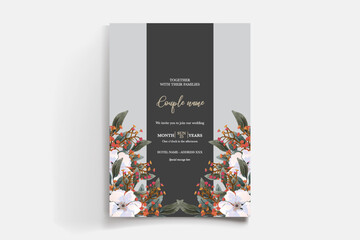 WEDDING INVITATION FRAME WITH FLOWER DECORATIONS AND FRESH LEAVES