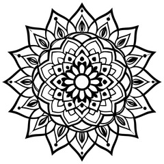 Intricate Indian Mandala Art Symmetrical Geometric Floral Pattern in Monochrome, Meditative Vector Design.