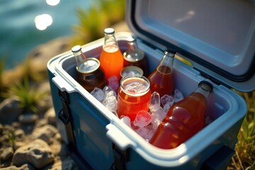 Close-up shot of a sleek, modern cooler filled with ice and cold drinks, ready for an outdoor adventure Perfect for summer, camping, picnics, and more , wine, thermal