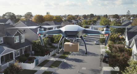 Fototapeta premium Futuristic drone delivering a package in a suburban neighborhood, showcasing advanced technology and innovation in modern logistics and transportation.