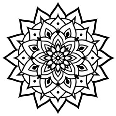 Obraz premium Intricate Indian Mandala Art Symmetrical Geometric Floral Pattern in Monochrome, Meditative Vector Design.