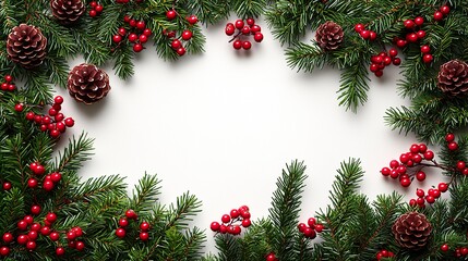 Christmas greenery frame with red berries on white background. HD 8k wallpaper photographic image