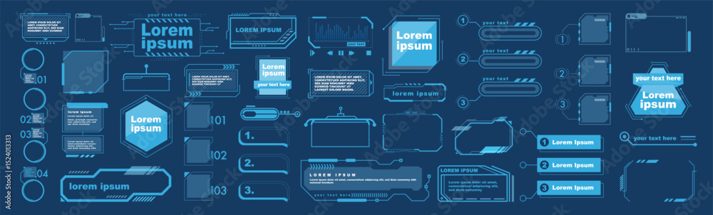 Fototapete futuristic hud interface elements set. sci-fi tech ui frames and gaming stream overlays vector illus