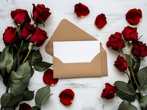 Red roses and an envelope on a rustic white wooden surface - Powered by Adobe