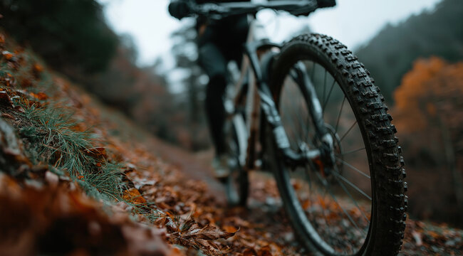 Mountain bicycle wheel rests on autumn forest trail covered with fallen foliage - Powered by Adobe