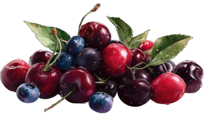 Vibrant pile of cherries and blueberries, detailed and fresh
