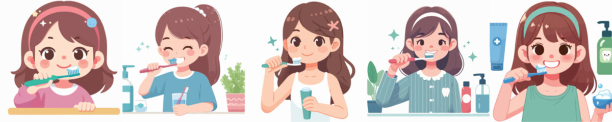 Vector of a girl brushing his teeth.
