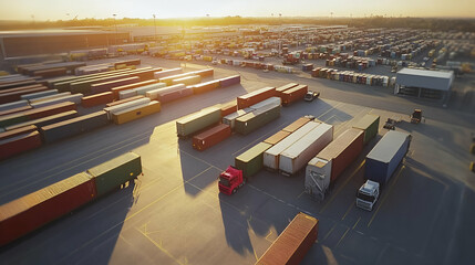 Aerial View Of Shipping Yard At Sunset