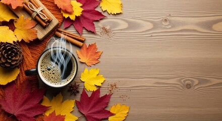 Top view of autumn cozy setup with a hot mug of coffee, colorful leaves, cinnamon sticks, and pine cone. Cozy fall concept for seasonal banner.