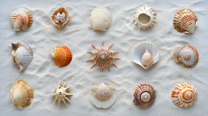 Collection Of Seashells On Light Beige Sand