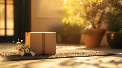 Sunlight on Brown Package with Flowers on Porch