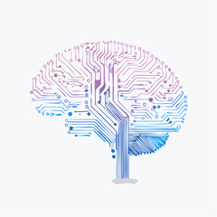 Vector illustration of an artificial intelligence brain, digital circuits, glowing neural network connections, futuristic design, tech blue and purple tones, minimal background-generative AI