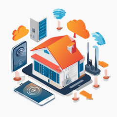 Vector scene of smart home devices interconnected, showing smartphones, AI speakers, smart fridge, cloud symbols, in a flat isometric tech style
-generative AI
