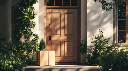 Delivery Package On Wooden Front Door Step With Plants