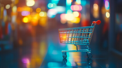 Small Shopping Cart Against Blurry City Night Lights