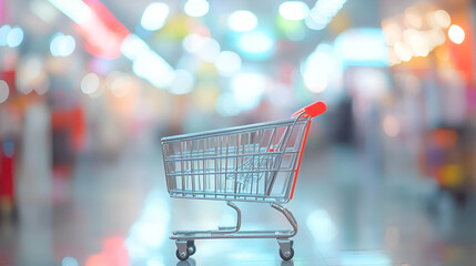 Small Shopping Cart In Blurred Supermarket Background