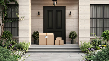 Delivery Packages On Porch Of Modern Home