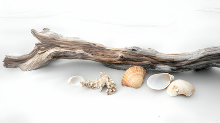 Driftwood And Seashells On White Background