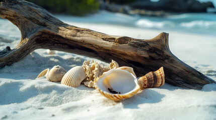 Driftwood And Seashells On White Sand Beach