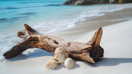 Driftwood And Seashells On White Sand Beach