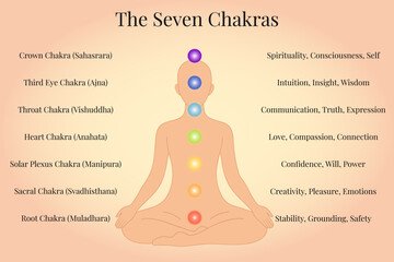 Seven Chakras Chart with Names and Meanings, Vector Illustration