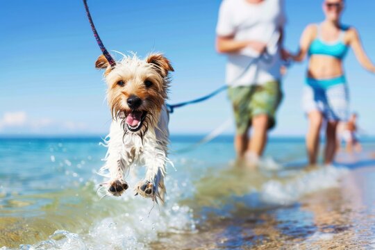 Joyful Dog Run on Beach with Family